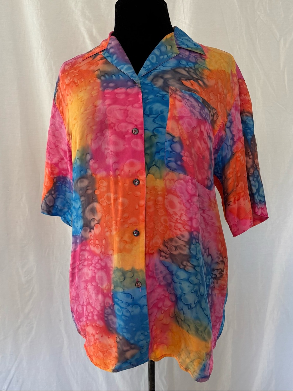 Canary Collection Island 100% Silk Watercolor Batik Camp Shirt Small Bright